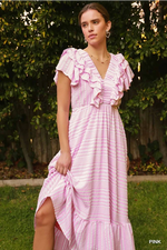 Pretty in Pink Stripe Midi with Ruched V-neck and Side Pockets