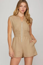 Maren Khaki Zip Front Romper with Smocked Waist and Side Pockets