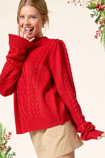Soft Crew Neck Cable Knit Sweater -Red