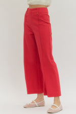 Red High Rise Wide Leg Pants with Front Seam Detail and Back Patch Pockets