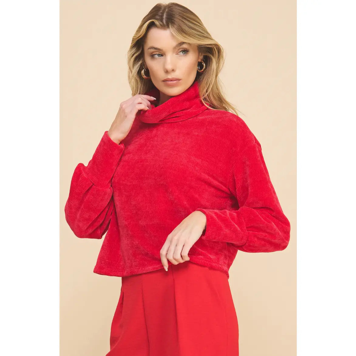 Be Gentle Chenille Crop Length Pullover- Red