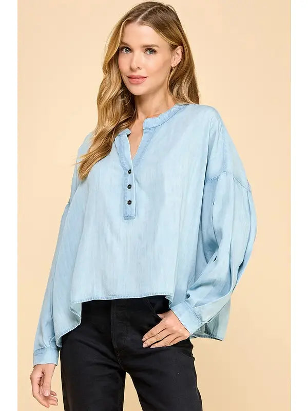 Maura Denim Collarless Button Up Shirt