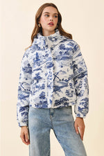 Navy Vintage Print Zip Snap Button Puffer Jacket