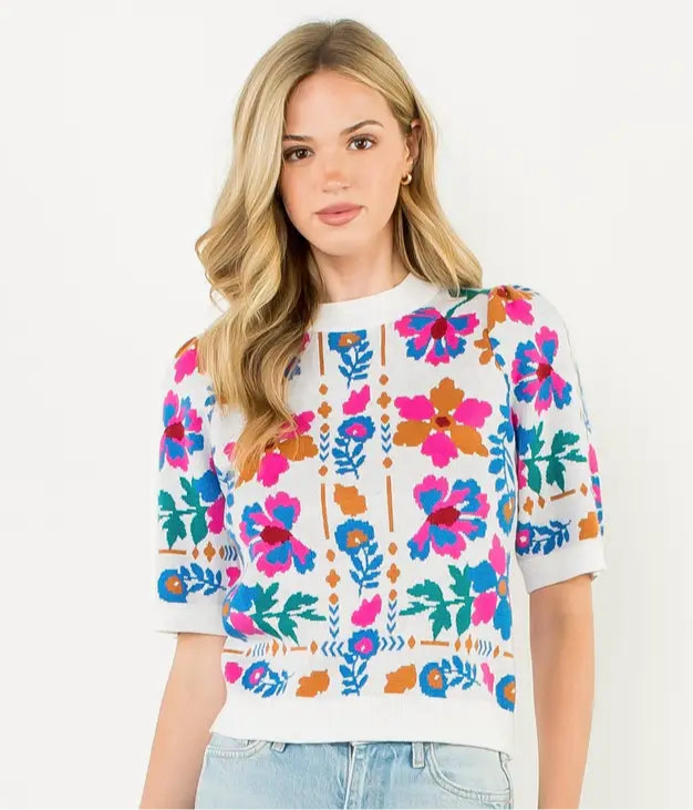 THML Short Sleeve Flower Sweater Top