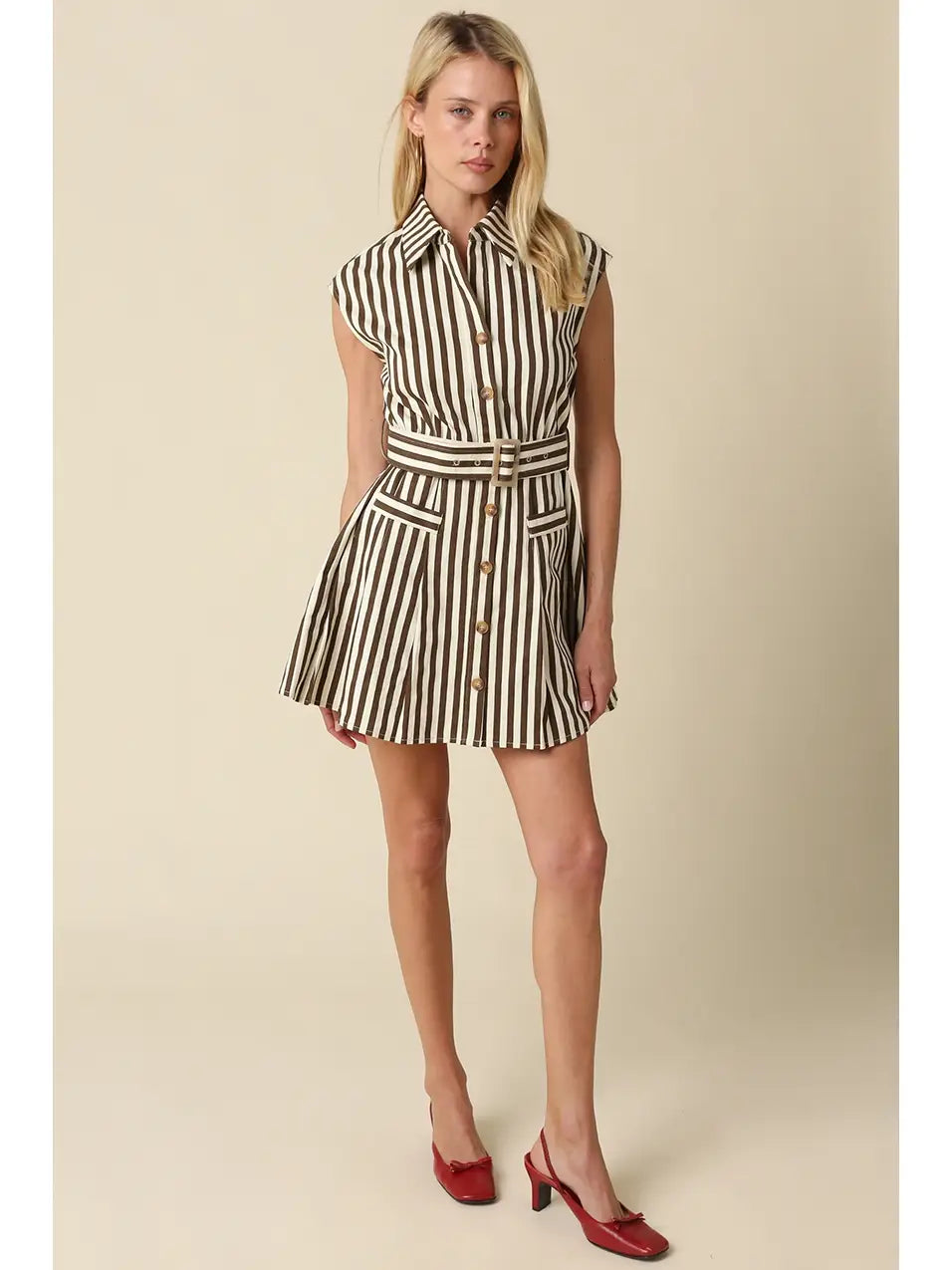 Mia Striped Belted Mini Dress- Brown/Natural
