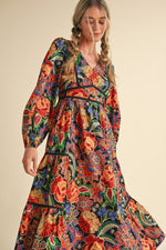 Bold Floral Long Sleeve Midi with Puff Shoulder and Black Contrast Binding