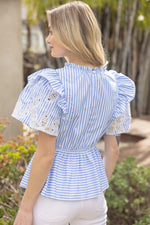 Floral Embroidered Striped Peplum Top