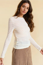 See Through Textured Stretch Knit Top- Cream