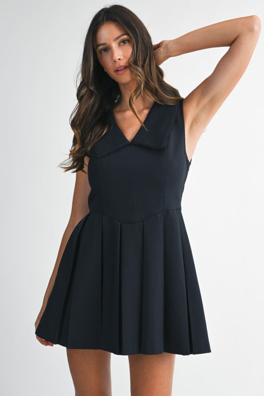 Presley Sleeveless V Neck Collar Pleated Mini Dress- Navy