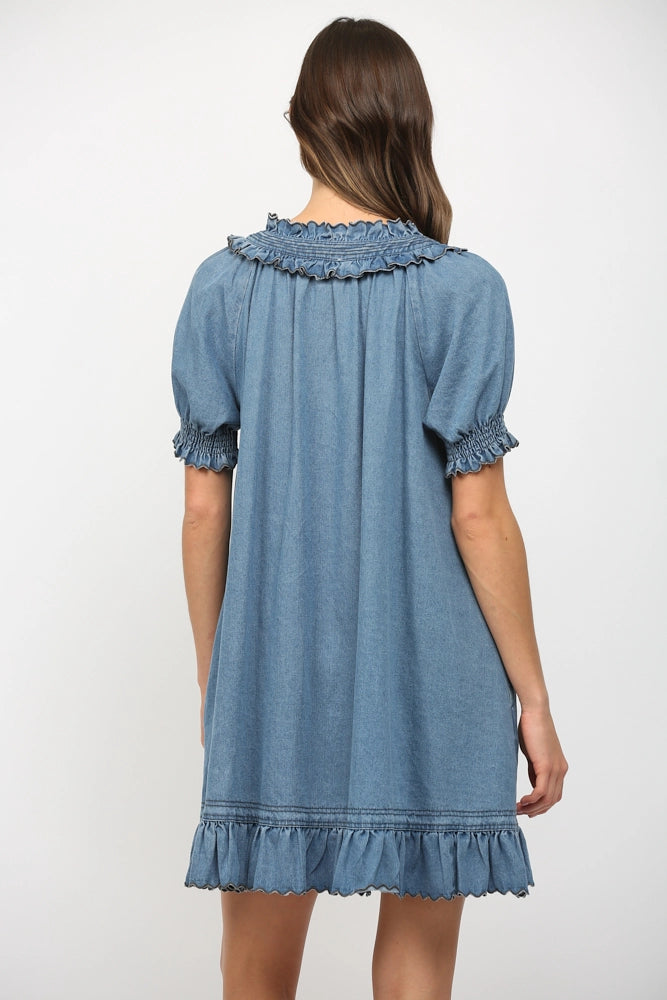 Ruffled V-Neck Short Puff Sleeve Mini Dress by FATE