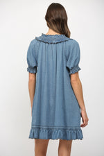 Ruffled V-Neck Short Puff Sleeve Mini Dress by FATE