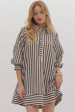 Black Stripe 3/4 Sleeve Mini Dress with Half Button Detail