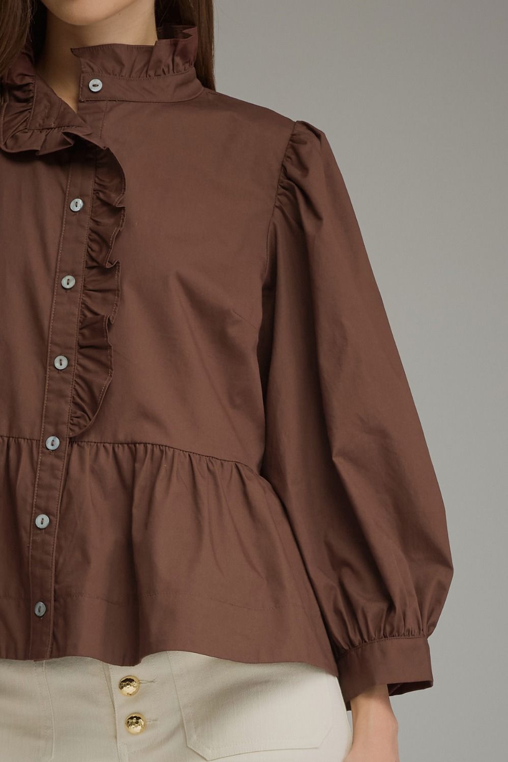 Peplum Button DownTop with Standing Ruffle Collar - Brown