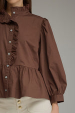 Peplum Button DownTop with Standing Ruffle Collar - Brown