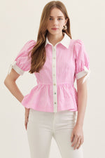 Lottie Striped Button Down Peplum Top with Self Tie Bow Cuff Detail- Pink