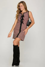 RED SLEEVELESS TWEED DRESS WITH BLACK BOW DETAIL