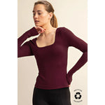 RECYCLED BUTTER SQUARE NECK LONG SLEEVE TOP - MAROON