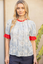 Ruffled Detail Floral Eyelet Embroidered Top - Light Blue/ Red