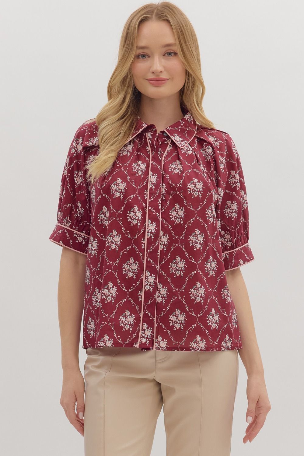 Wine Floral Button Down Top