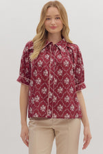 Wine Floral Button Down Top