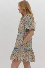 Floral Print Mini Dress with Scallop Trim