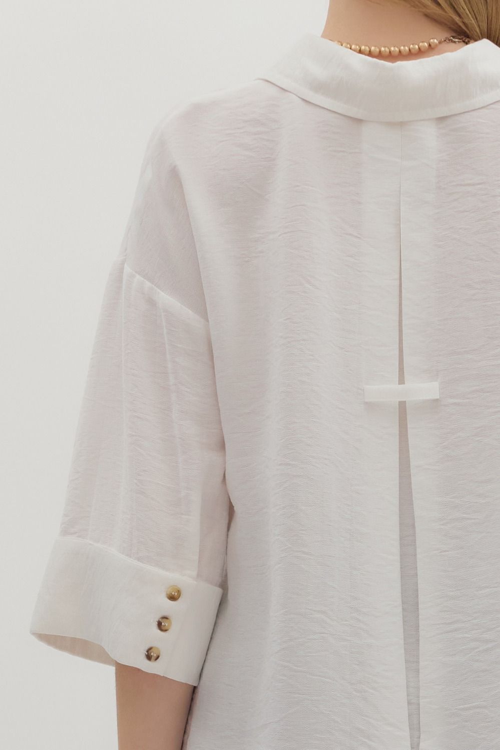 Solid Wide Cuff ¾ Sleeve Spread Collar Button Front Top