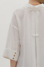 Solid Wide Cuff ¾ Sleeve Spread Collar Button Front Top
