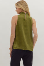Olive Sleeveless Mock Neck Top with Draped Front