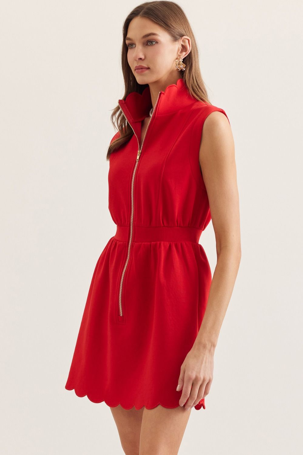 Dylan Zip Front Mini with Scallop Hem and Stand Collar - Red