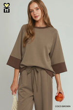 CLOUDKNIT Raglan Sleeve Colorblock Crewneck Top & Straight Pant SET- Cocoa Brown