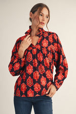 Eggplant Ruffle Split High Neck Damask Top