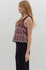 Maroon Floral Motif Embroidered V-neck Top featuring Exposed Stitch Detail Bow Shoulder Strap.