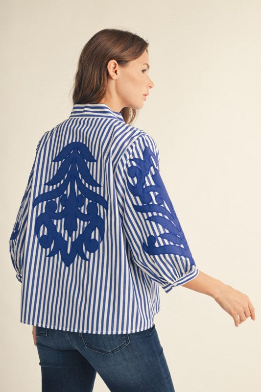 Baroque Striped Detail Top- Royal