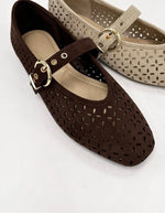Ciara Laser Cut Square Toe Mary Jane Ballet Flats- Brown Suede