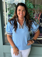 Nanette Textured Light Blue Half Zip Top with Navy Contrast Stripe Cuff and Collar