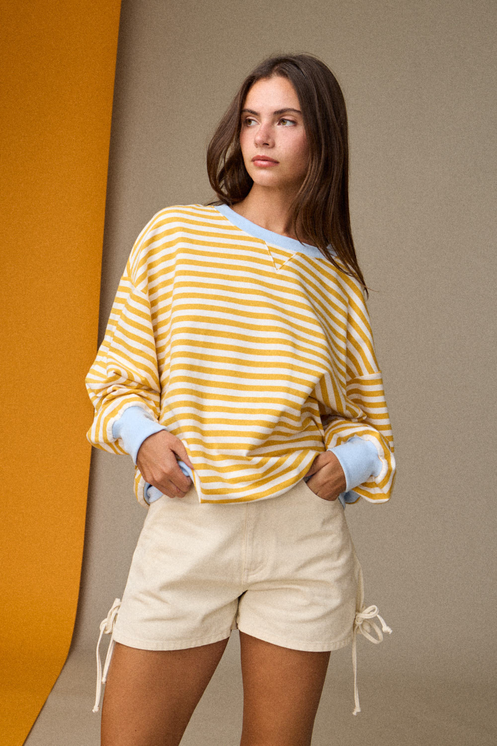 Callie Relaxed Stripe Top with Contrast Trim -Yellow/Blue