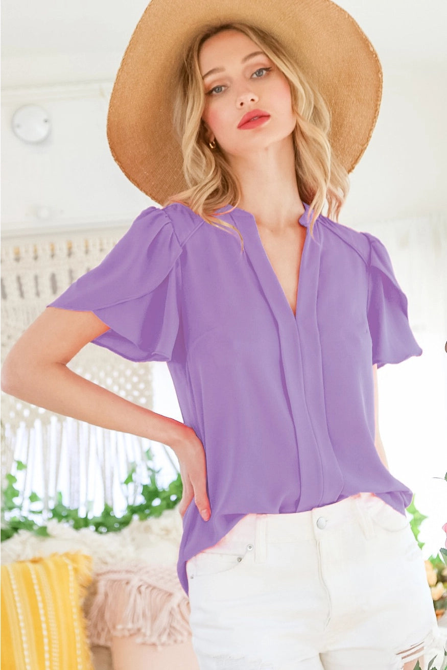 V-neck Tulip Sleeve Solid Blouse