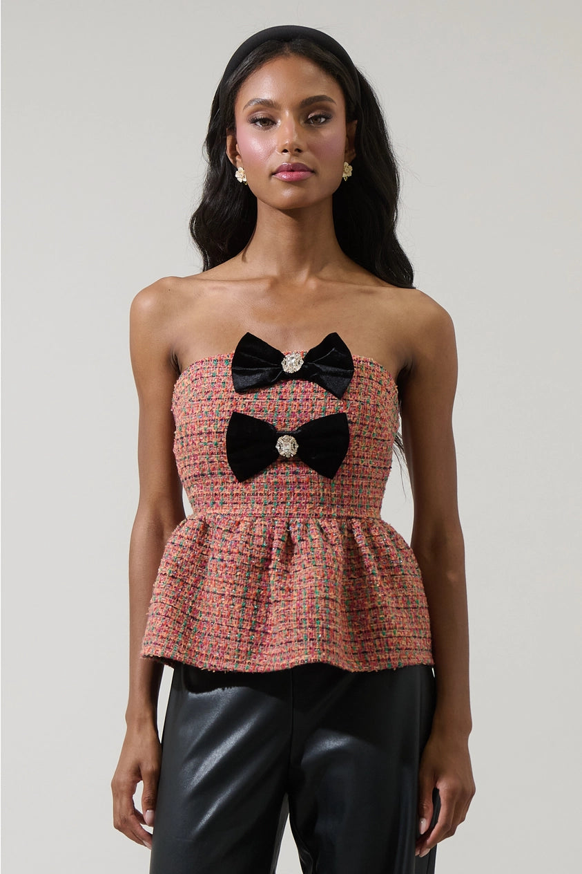 Lazara Tweed Virelia Bow Strapless Top