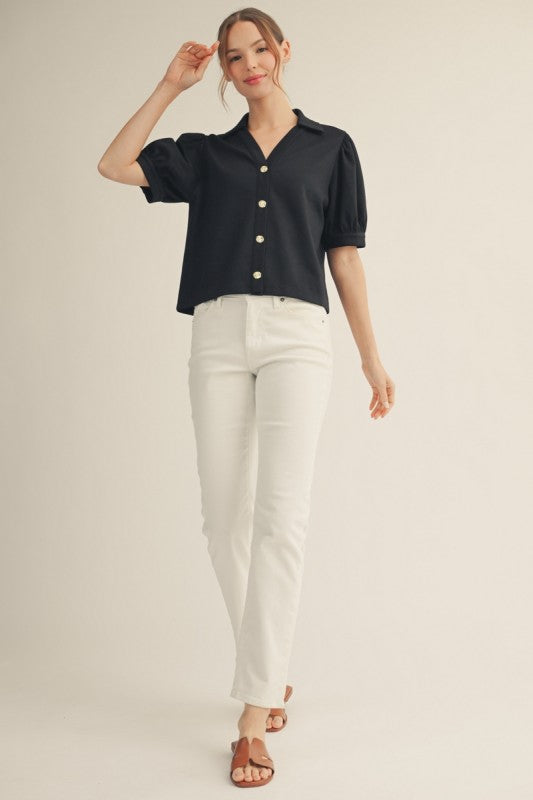 Gigi Super Soft Gold Button Detail Collared Top- Black