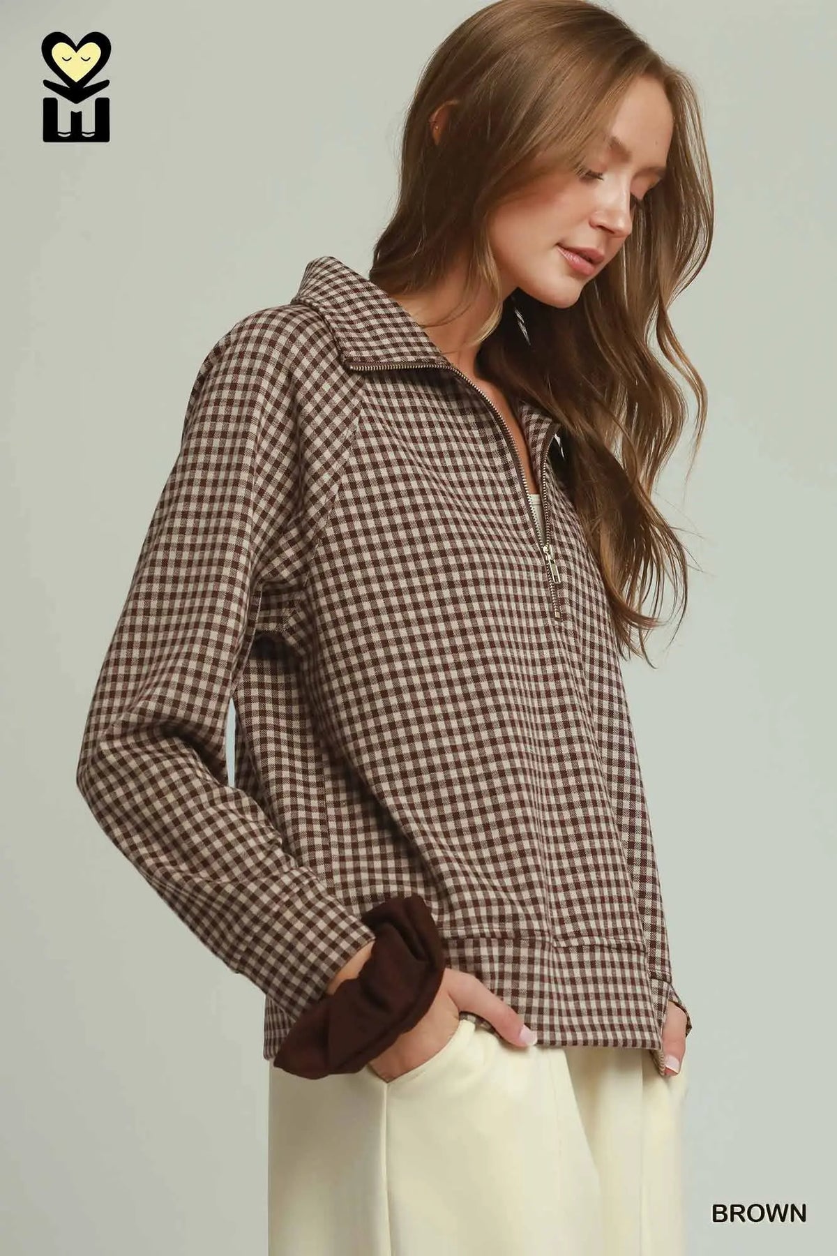 Gingham Plaid Half Zip Pullover and Skort SET - Brown