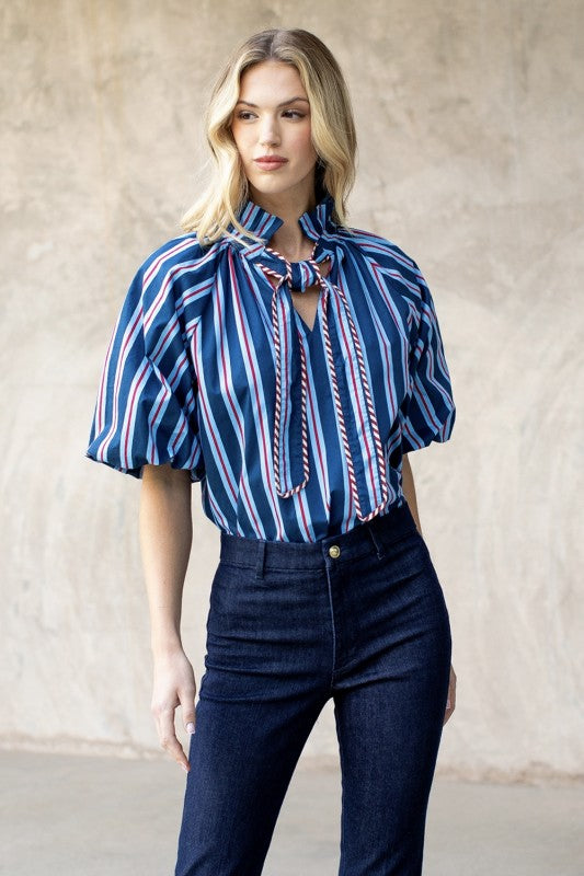THML Blue/Red Striped Top with Bow Tie Neck