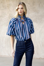 THML Blue/Red Striped Top with Bow Tie Neck
