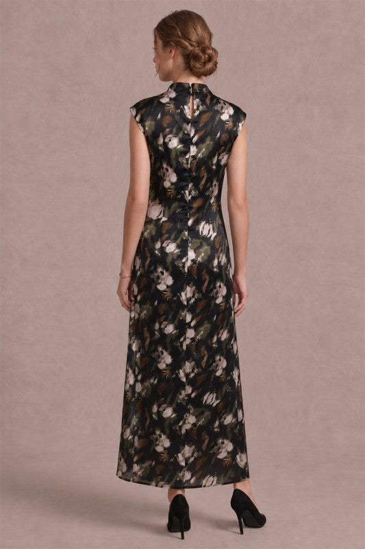 Audrey Mock Neck Floral Print Satin Maxi Dress-Black/Olive