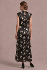 Audrey Mock Neck Floral Print Satin Maxi Dress-Black/Olive