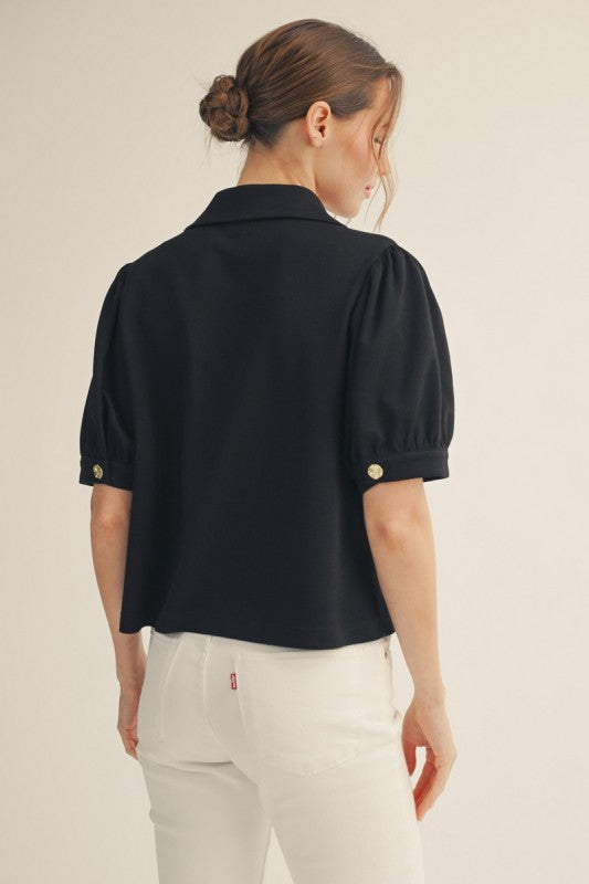 Gigi Super Soft Gold Button Detail Collared Top- Black
