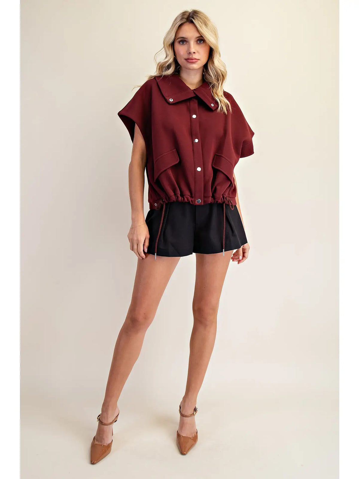 Gabby High Neck Button Vest - Burgundy