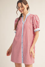 Lilette Button Down Stripe Shift Dress- Red/ Sky Blue