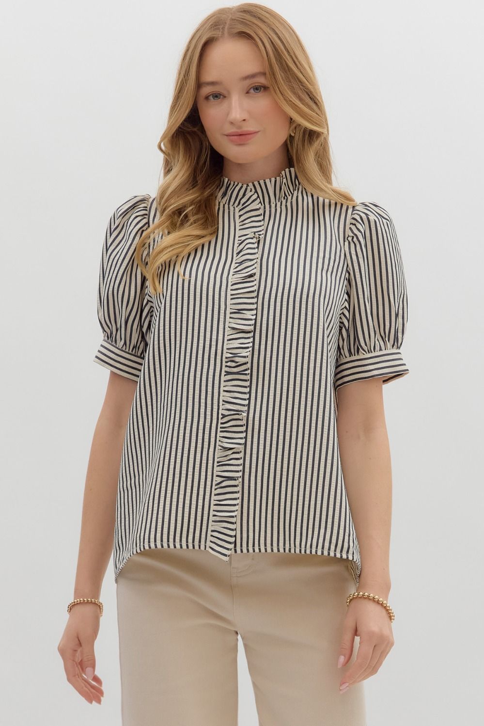 Black Striped Puff Sleeve Top featuring Ruffle Accent Hidden Placket Closure
