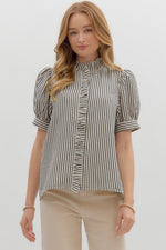 Black Striped Puff Sleeve Top featuring Ruffle Accent Hidden Placket Closure