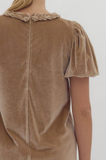 Puff Sleeve Velvet Mini Dress with Braided Neck and Pocket Detail